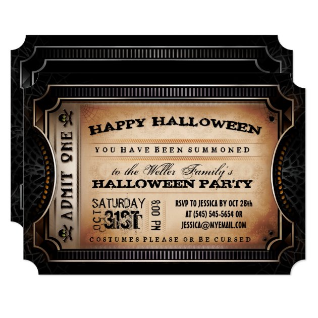 Orange & Black Admit One Halloween Party Ticket Invitation