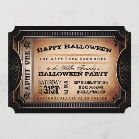 Orange & Black Admit One Halloween Party Ticket Invitation