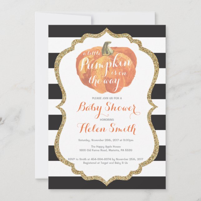 Orange Black and Gold Pumpkin Baby Shower Invitation (Front)