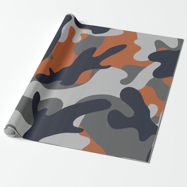 Orange, Black, and Gray Camouflage Style  Wrapping Paper (Unrolled)