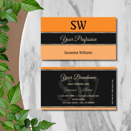 Orange Black and Peach Stripes Chic with Monogram Business Card