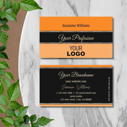 Orange Black and Peach Stripes Stylish with Logo Business Card