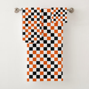 Orange Black and White Checkered Bath Towel Set