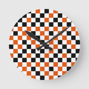 Orange Black and White Checkered Round Clock