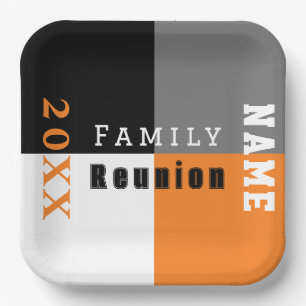 Orange, black and white custom family reunion paper plates