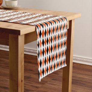 Orange Black and White Harlequin Diamonds Pattern  Short Table Runner