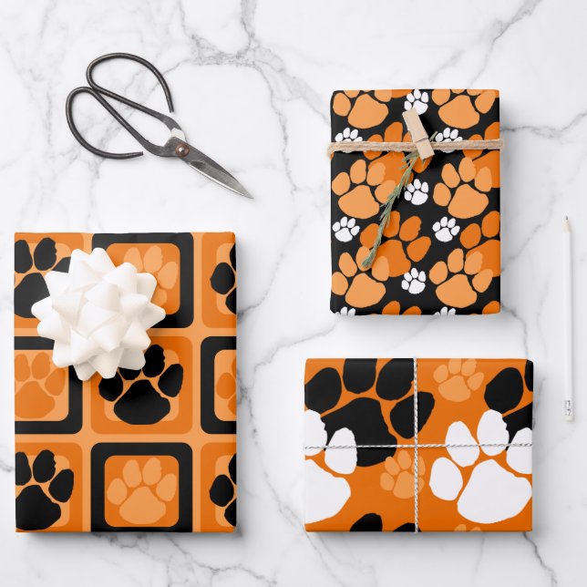 Orange, Black and White Pawprint  Wrapping Paper Sheets (Front)