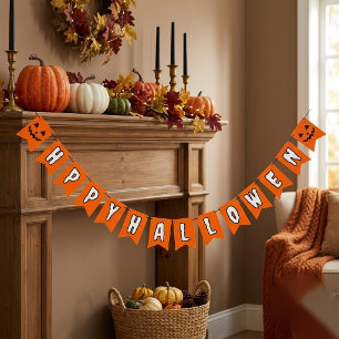 Orange Black and White Pumpkin Happy Halloween Bunting Flags