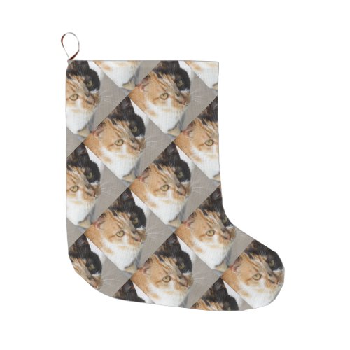 Orange Black and White Tricolor Cat Large Christmas Stocking