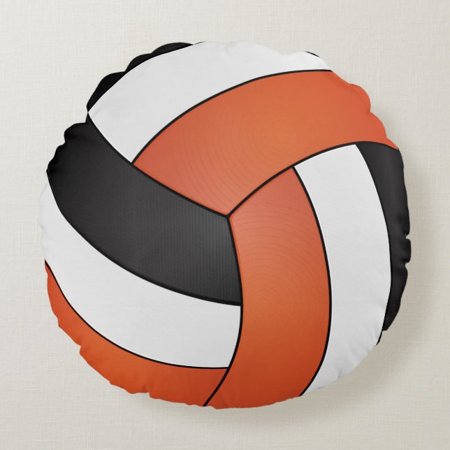 Orange, Black and White Volleyball Round Pillow (Front)