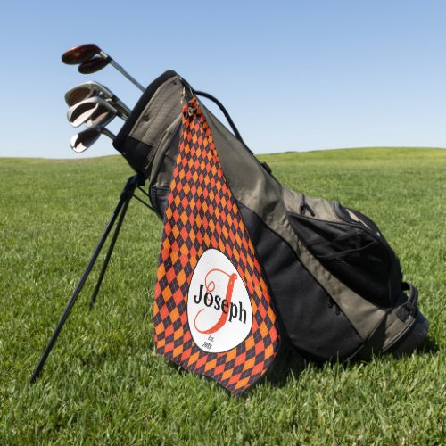 Orange Black Argyle Monogrammed Golfers Favorite  Golf Towel