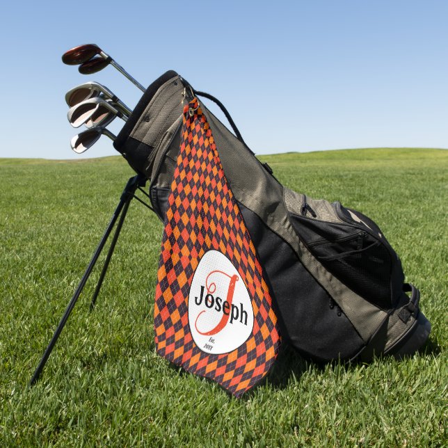 Orange Black Argyle Monogrammed Golfer's Favorite  Golf Towel (Green)