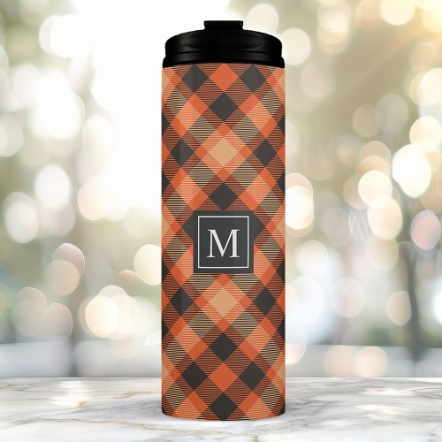 Orange Black Autumn Tartan Plaid Pattern Monogram Thermal Tumbler