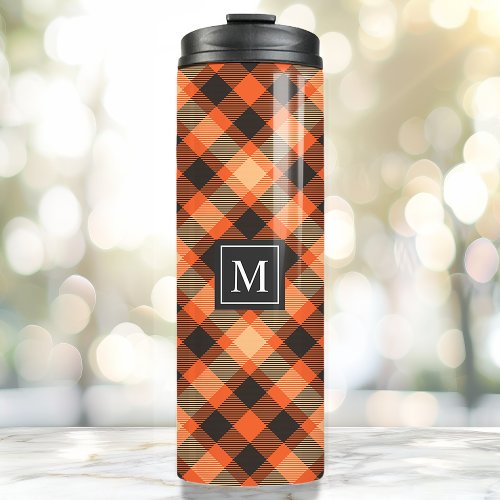 Orange Black Autumn Tartan Plaid Pattern Monogram Thermal Tumbler