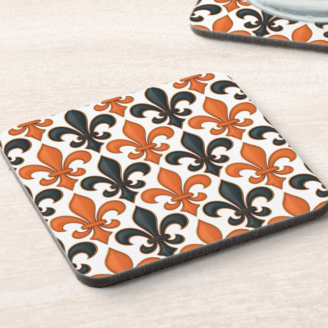 Orange Black Baroque Fleur-de-lis Pattern Design  Beverage Coaster (Creator Uploaded)