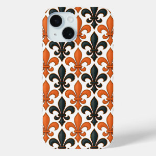 Orange Black Baroque Fleur-de-lis Pattern Design iPhone 15 Case