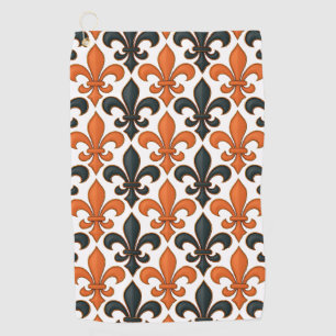 Orange Black Baroque Fleur-de-lis Pattern Design  Golf Towel