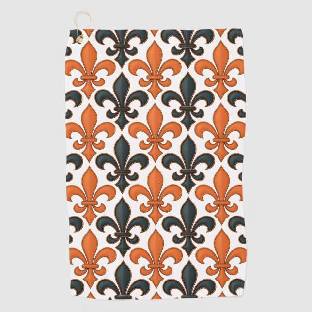 Orange Black Baroque Fleur-de-lis Pattern Design  Golf Towel (Front)