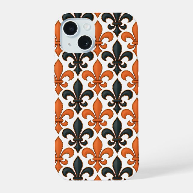 Orange Black Baroque Fleur-de-lis Pattern Design  Iphone Case (Back)