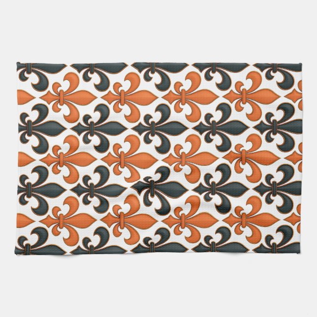 Orange Black Baroque Fleur-de-lis Pattern Design  Kitchen Towel (Horizontal)