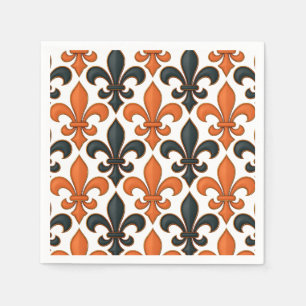 Orange Black Baroque Fleur-de-lis Pattern Design  Napkins