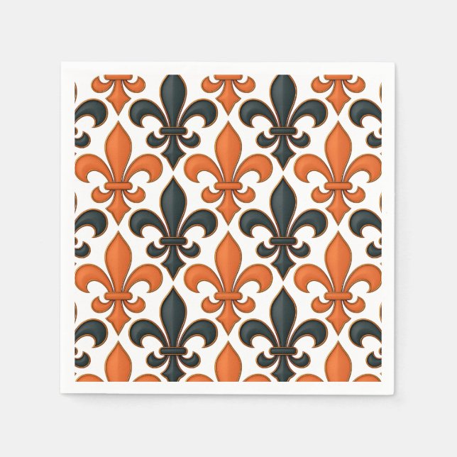 Orange Black Baroque Fleur-de-lis Pattern Design  Napkins (Front)