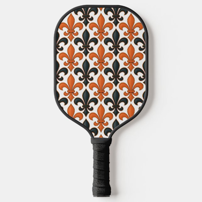 Orange Black Baroque Fleur-de-lis Pattern Design  Pickleball Paddle (Front)