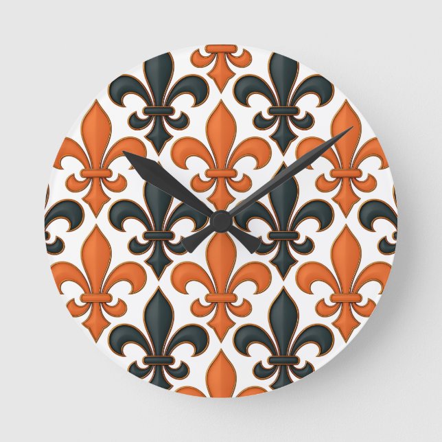 Orange Black Baroque Fleur-de-lis Pattern Design  Round Clock (Front)