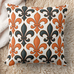 Orange Black Baroque Fleur-de-lis Pattern Design Throw Pillow