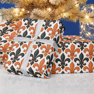 Orange Black Baroque Fleur-de-lis Pattern Design Wrapping Paper