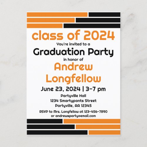 Orange  Black Bars Graduation Party Invitation Postcard