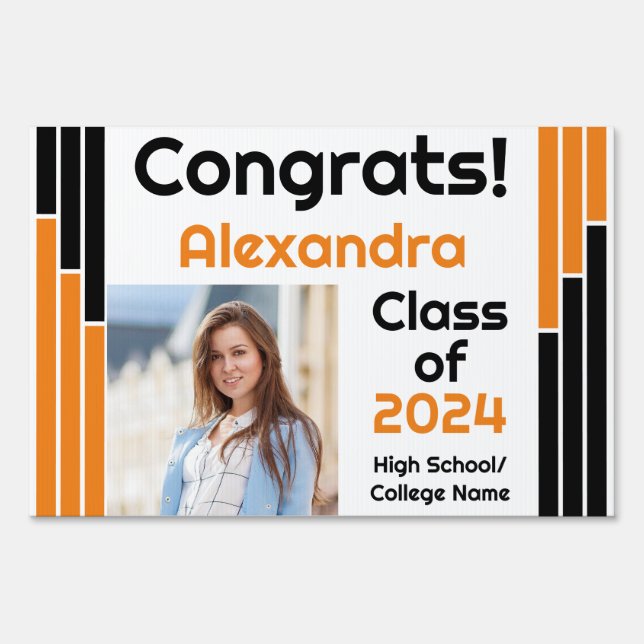 Orange & Black Bars One Photo Graduate Sign (Back)