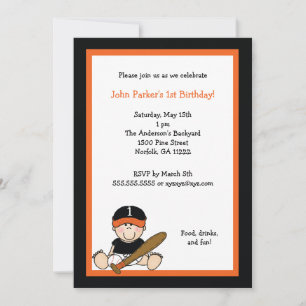 Orange & Black Baseball 1st Birthday Party Invite