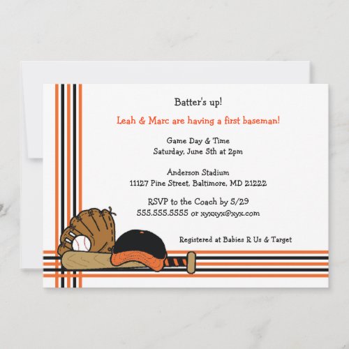 Orange &amp; Black Baseball Baby Shower Birthday party Personalized Invitation