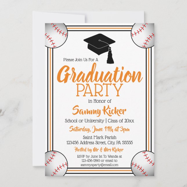 Orange & Black Baseball Graduation Party Invitation (Front)