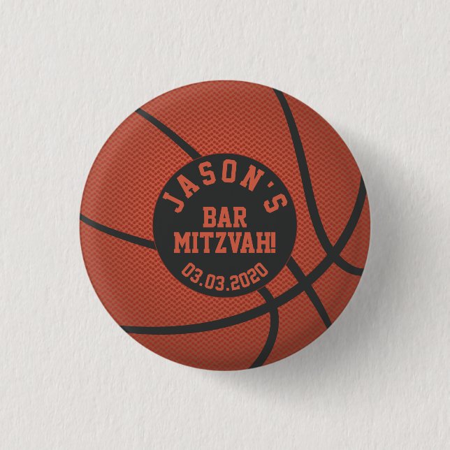 Orange Black Basketball Bar Mitzvah Favor Button (Front)