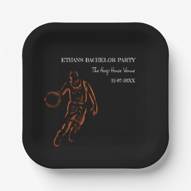 Orange black basketball champion bachelor party pa paper plates (Front)