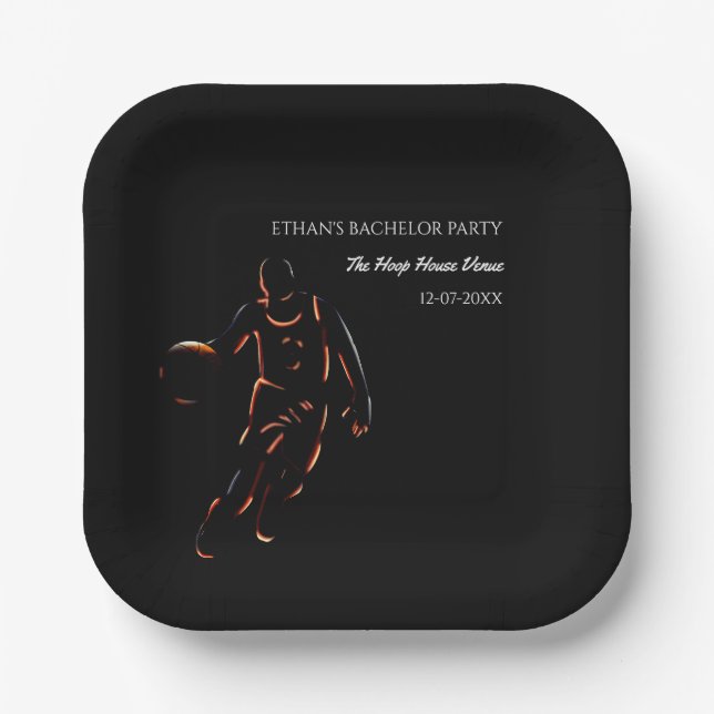 Orange black basketball champion bachelor party paper plates (Front)