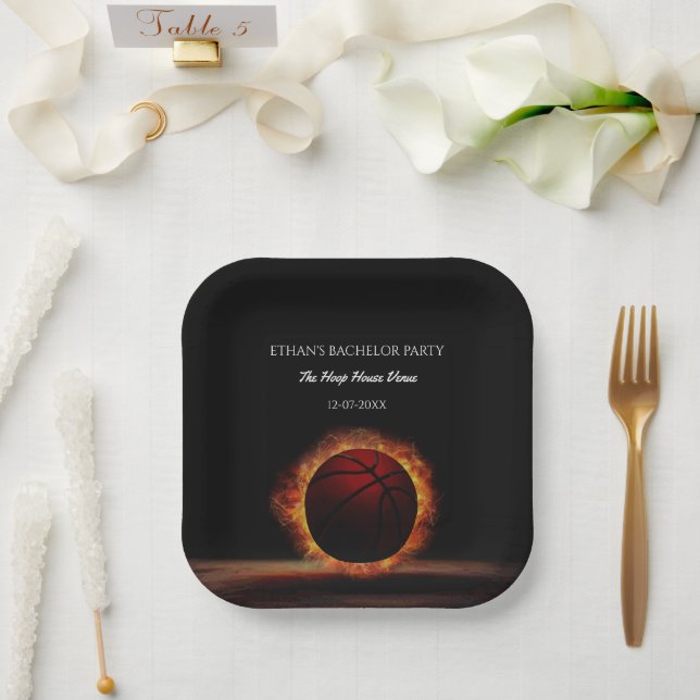 Orange black basketball champion bachelor party paper plates (Wedding)