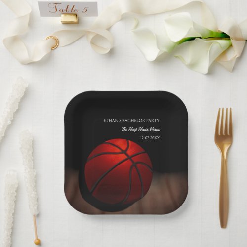 Orange black basketball champion bachelor party paper plates