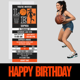 Orange Black Basketball Girl Birthday Ticket Invitation
