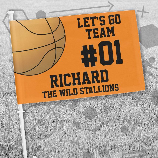 Orange Black Basketball Team Spirit Car Flag (Orange and Black Baseball Let's Go Team Car Flag. Celebrate your high school or college athlete.)