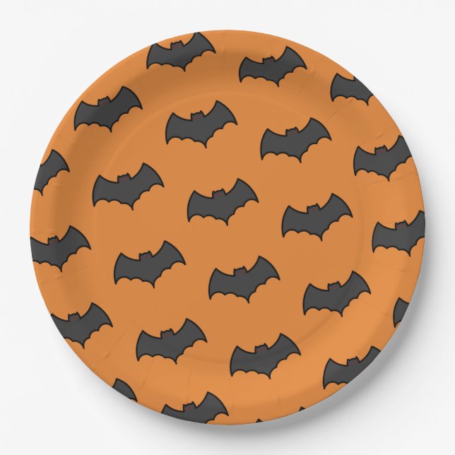 Orange Black Bat Pattern Halloween Party Paper Plates (Front)