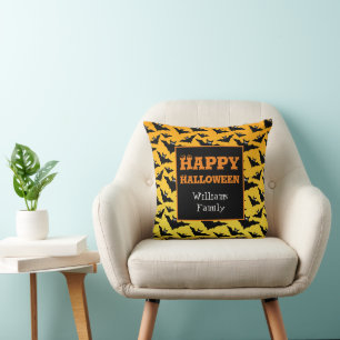 Orange black bats Halloween pattern family name Throw Pillow