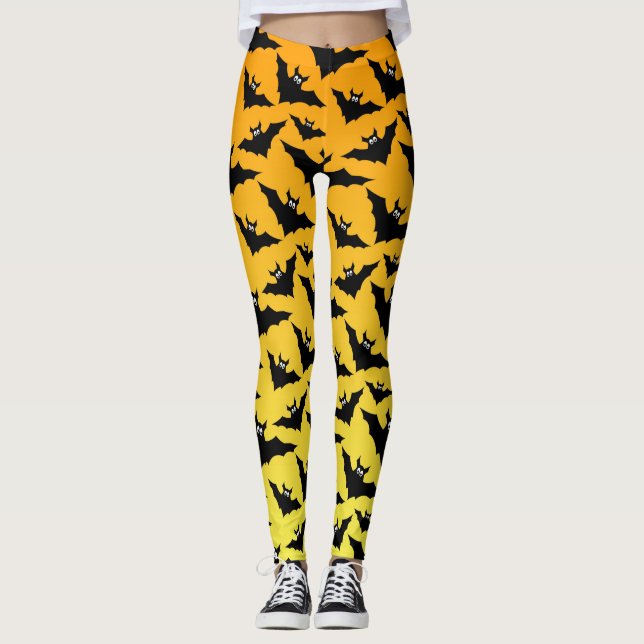 Orange black bats Halloween pattern Leggings (Front)
