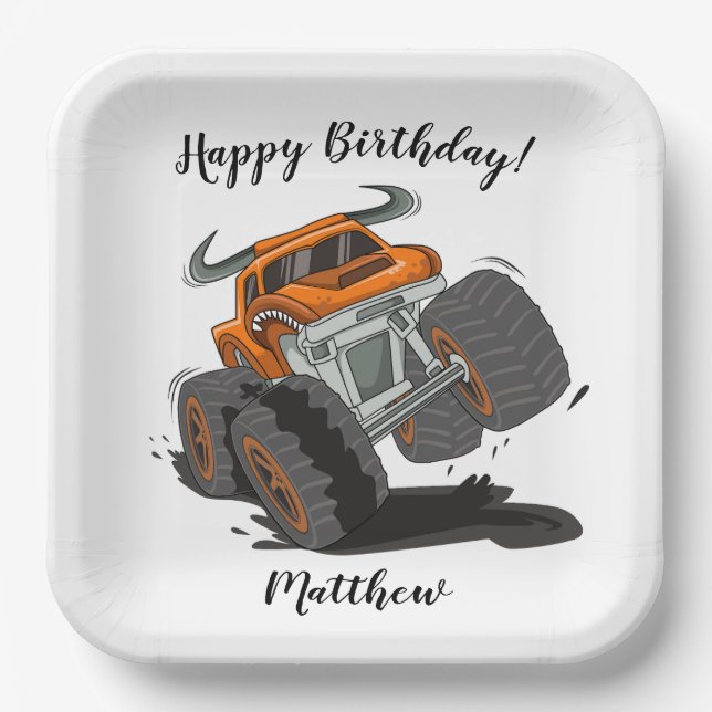 Orange Black Boys' Monster Truck Name Birthday Paper Plates (Front)