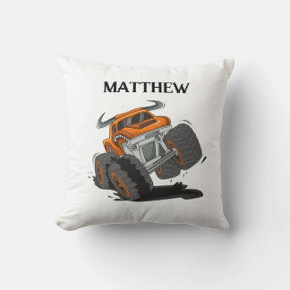 Orange Black Boys' Monster Truck Name Personalized Throw Pillow