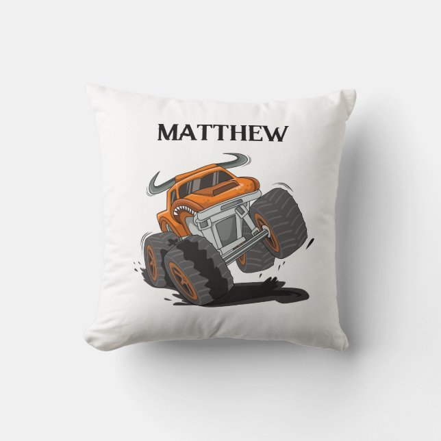 Orange Black Boys' Monster Truck Name Personalized Throw Pillow (Front)