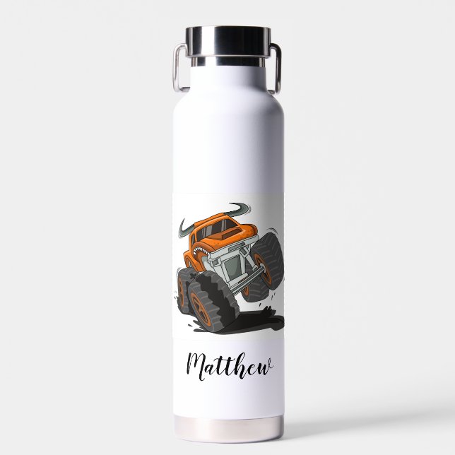 Orange Black Boys' Monster Truck Name Personalized Water Bottle (Front)
