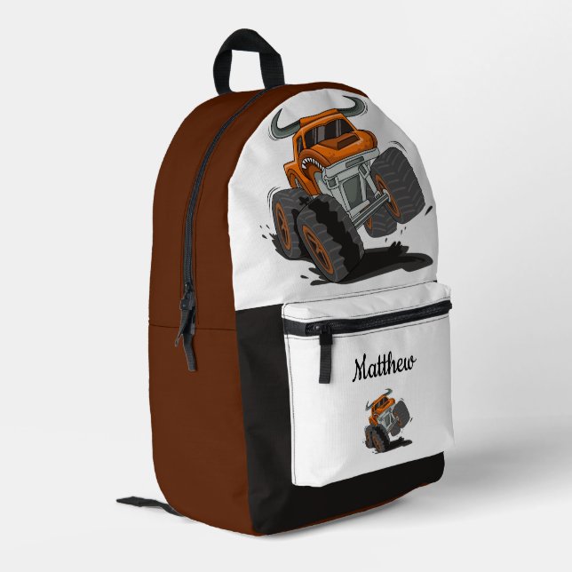Orange Black Boys' Monster Truck Name Printed Backpack (Back Corner Left)